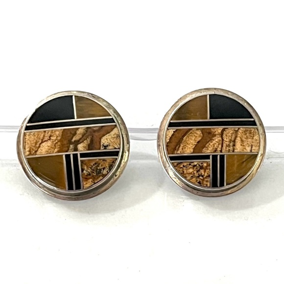 Signed - Calvin Desson. Navajo. Vntg Jasper Jet Inlay Sterling Silver Earrings